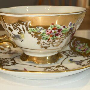 Gold Gilt  Bird Motif Porcelain Ornated Fotted TEacup & Saucer, G1158, Vintage